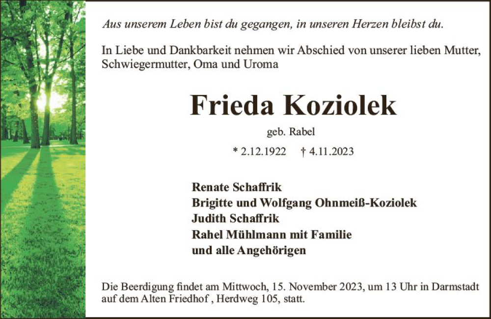  Traueranzeige für Frieda Koziolek vom 11.11.2023 aus Darmstädter Echo