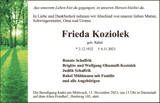 Traueranzeige von Frieda Koziolek von Darmstädter Echo