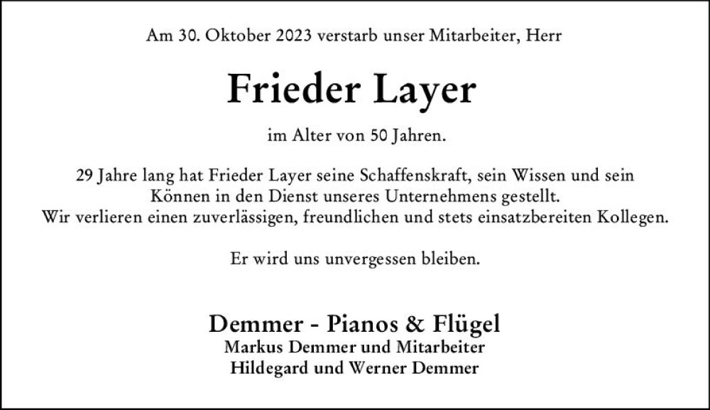  Traueranzeige für Frieder Layer vom 16.11.2023 aus Nassauische Neue Presse