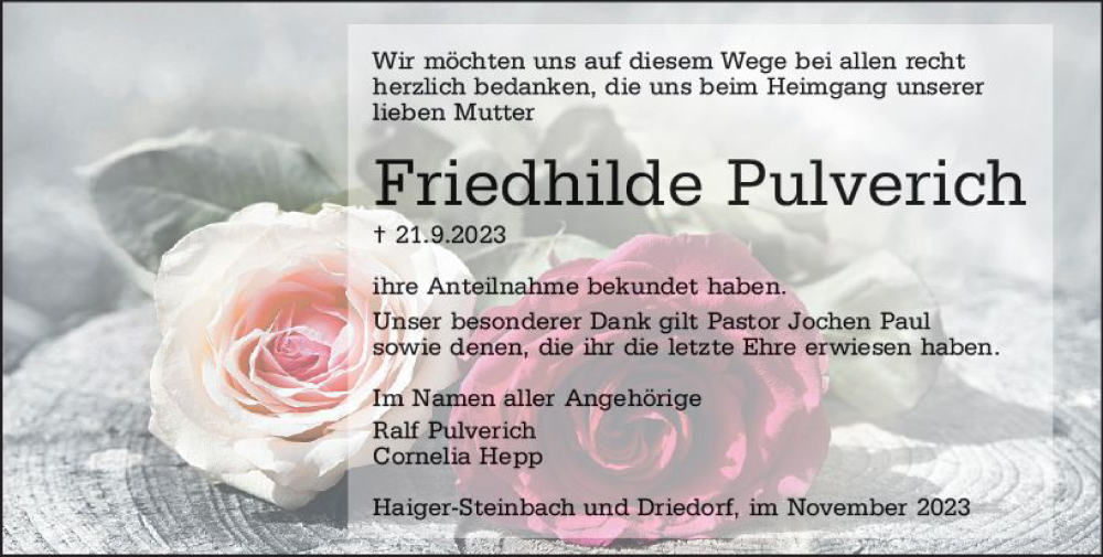  Traueranzeige für Friedhilde Pulverich vom 18.11.2023 aus Dill Block