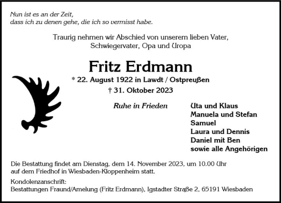 Traueranzeige von Fritz Erdmann von Wiesbadener Kurier