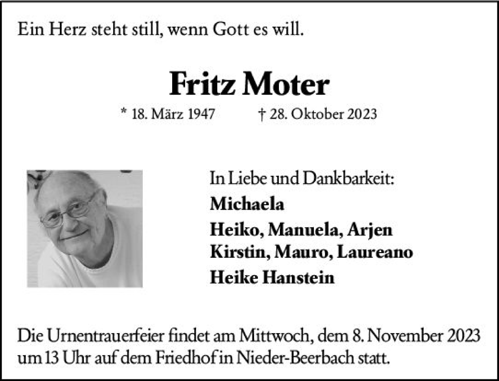  Traueranzeige für Fritz Moter vom 04.11.2023 aus Darmstädter Echo