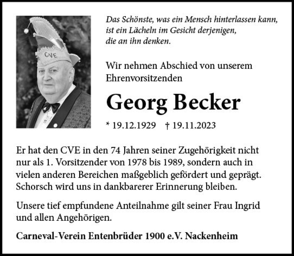  Traueranzeige für Georg Becker vom 30.11.2023 aus Allgemeine Zeitung Mainz