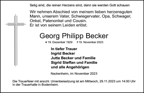 Traueranzeige von Georg Philipp Becker von Allgemeine Zeitung Mainz