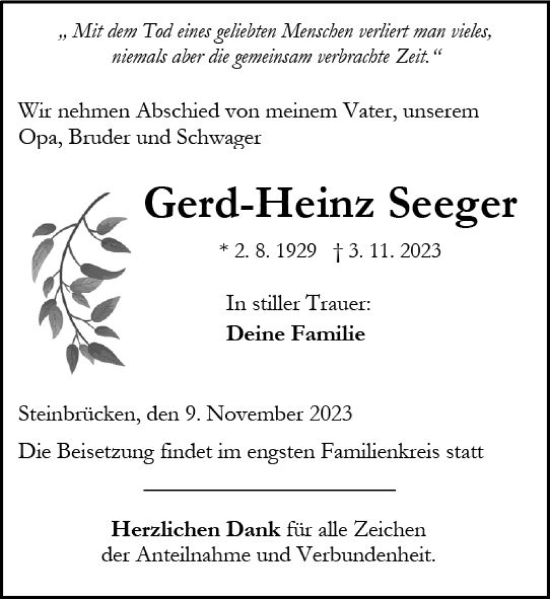 Traueranzeige von Gerd-Heinz Seeger von Dill Block