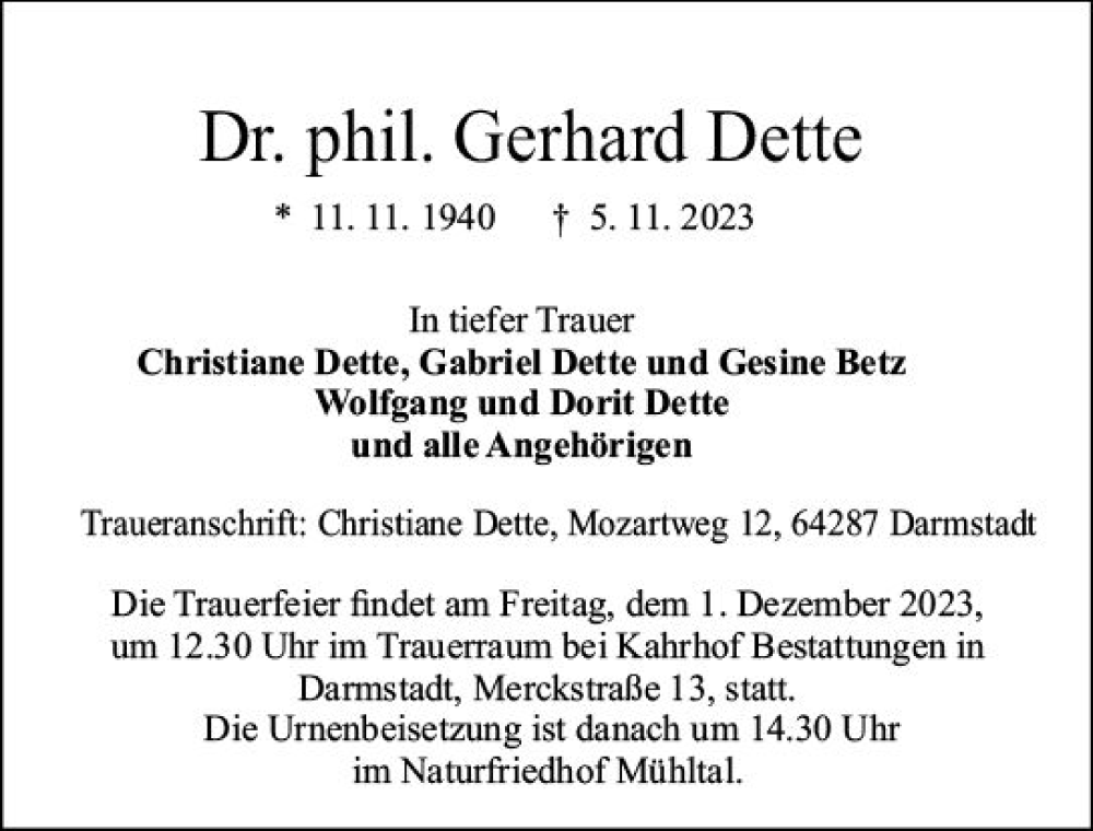  Traueranzeige für Gerhard Dette vom 11.11.2023 aus Darmstädter Echo