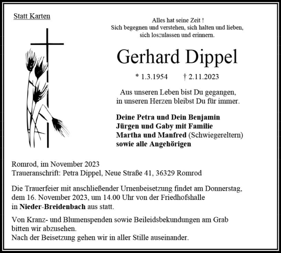 Traueranzeige von Gerhard Dippel von Oberhessen Kurier