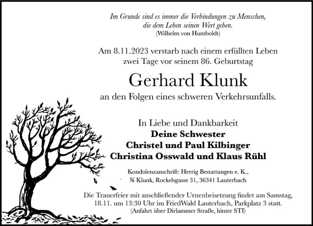  Traueranzeige für Gerhard Klunk vom 11.11.2023 aus VRM Trauer
