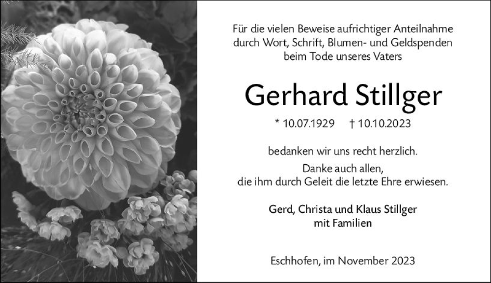  Traueranzeige für Gerhard Stillger vom 18.11.2023 aus Nassauische Neue Presse