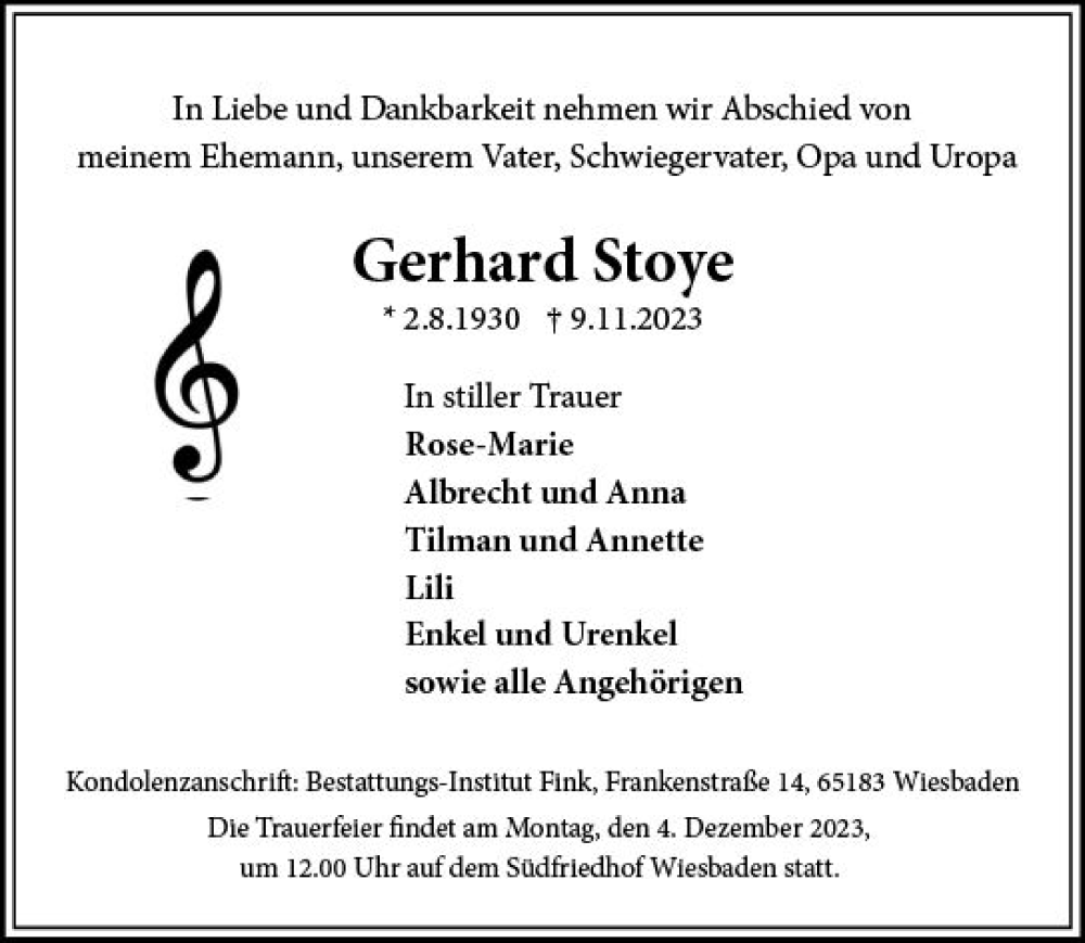  Traueranzeige für Gerhard Stoye vom 18.11.2023 aus Wiesbadener Kurier