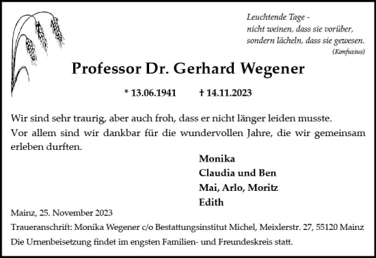 Traueranzeige von Gerhard Wegener von Allgemeine Zeitung Mainz