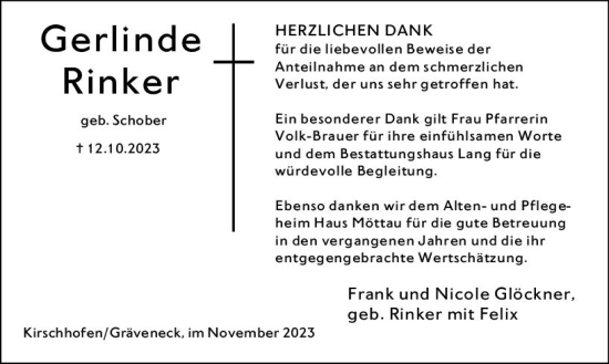 Traueranzeige von Gerlinde Rinker von Weilburger Tageblatt