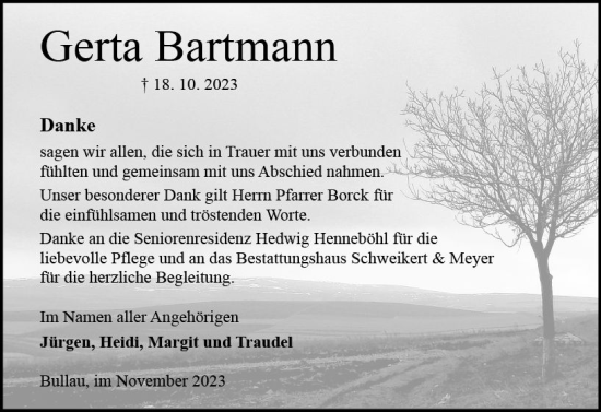 Traueranzeige von Gerta Bartmann von Odenwälder Echo