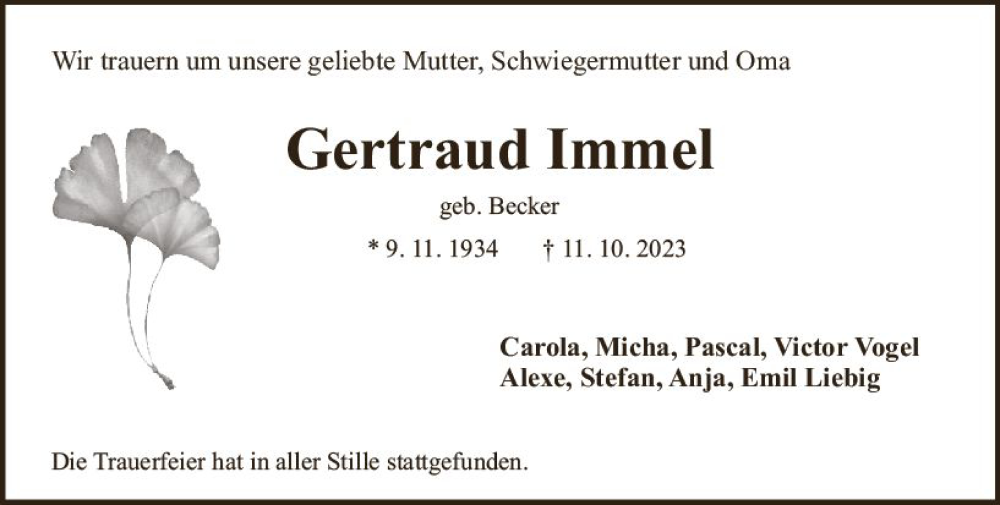  Traueranzeige für Gertraud Immel vom 11.11.2023 aus Darmstädter Echo