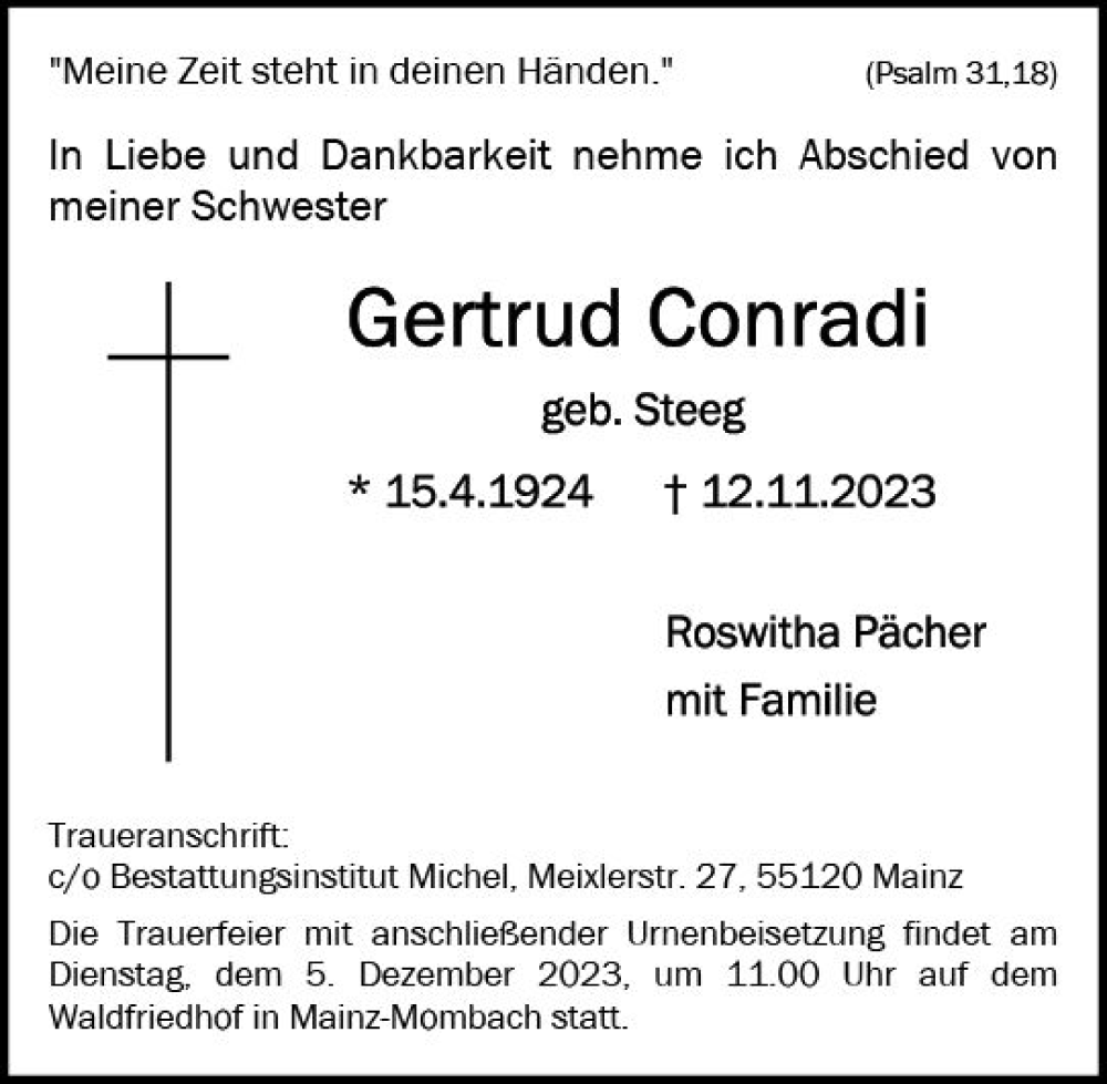  Traueranzeige für Gertrud Conradi vom 25.11.2023 aus Allgemeine Zeitung Mainz