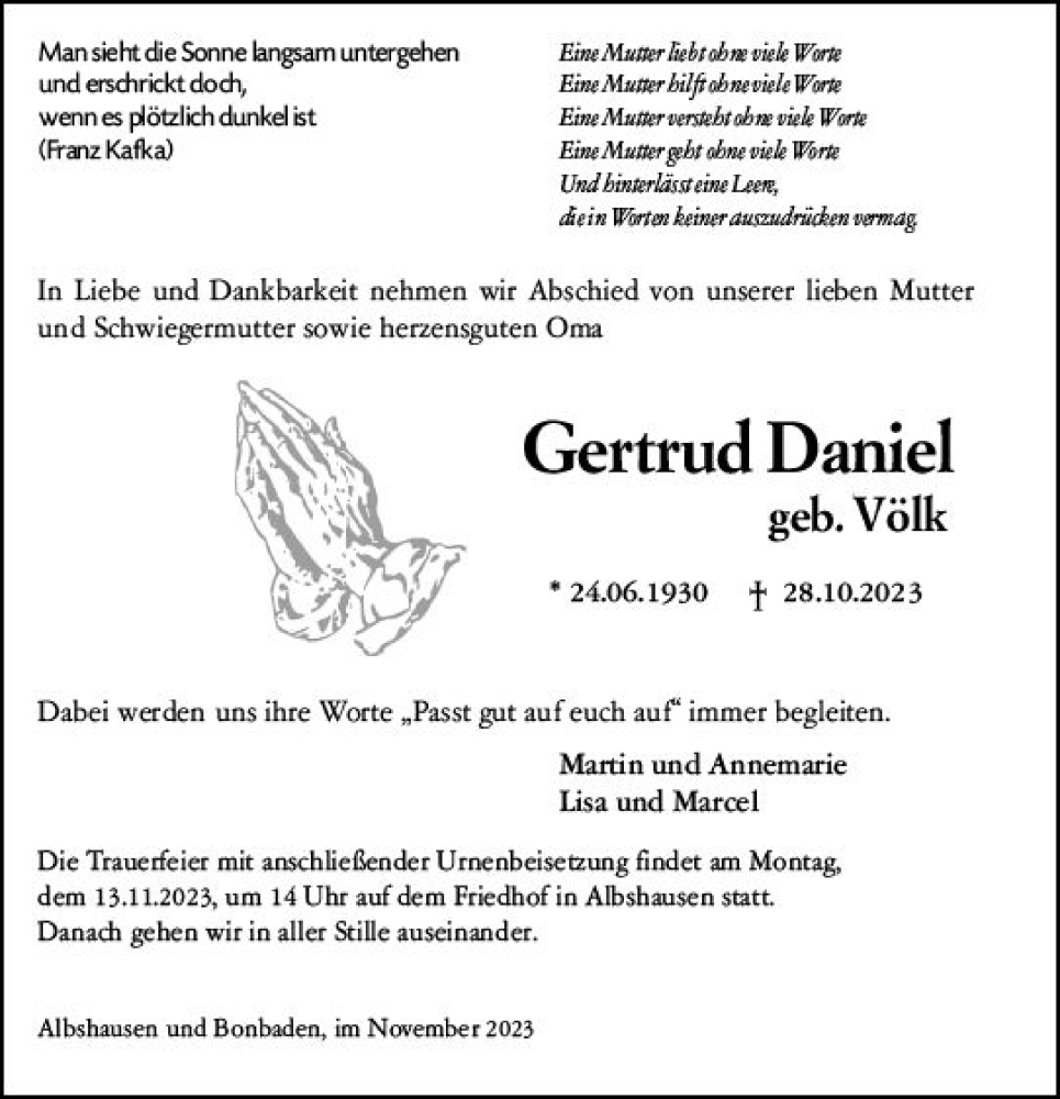  Traueranzeige für Gertrud Daniel vom 10.11.2023 aus Wetzlarer Neue Zeitung