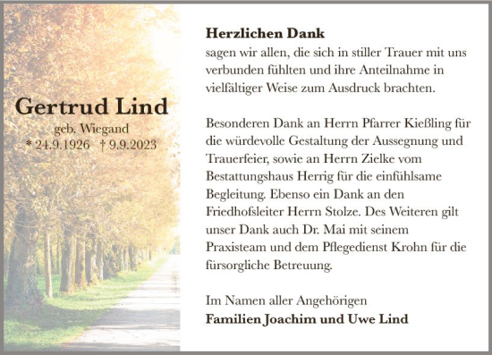 Traueranzeige von Gertrud Lind von Oberhessen Kurier