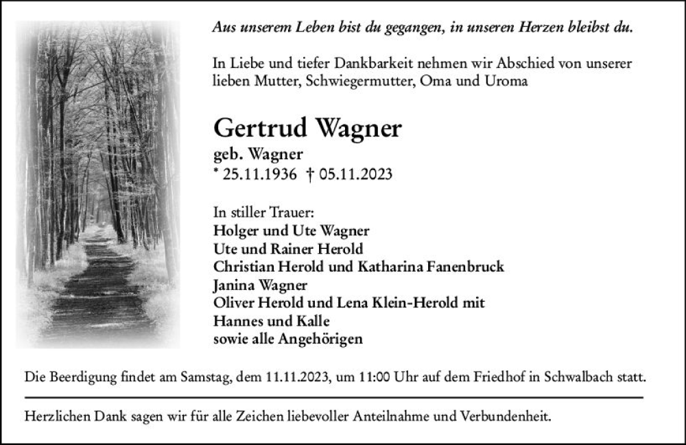  Traueranzeige für Gertrud Wagner vom 08.11.2023 aus Wetzlarer Neue Zeitung