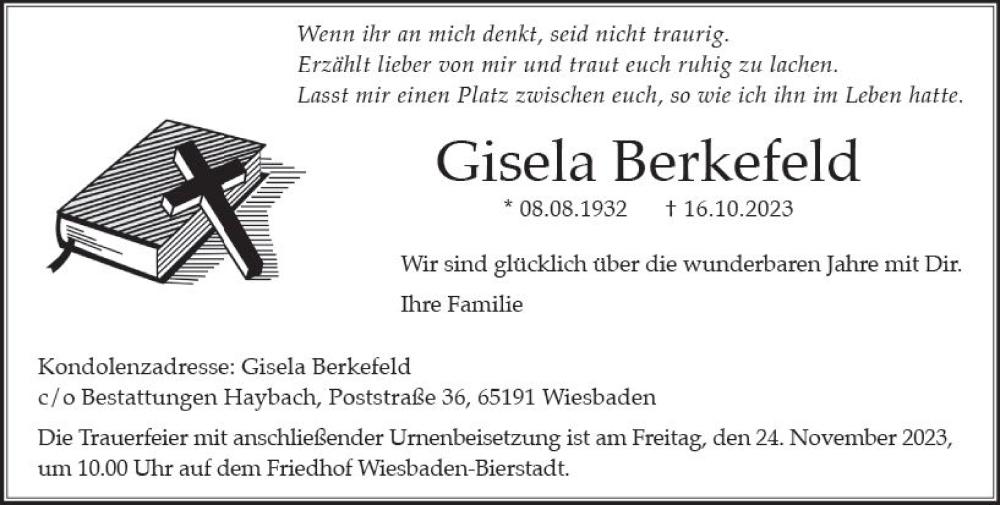  Traueranzeige für Gisela Berkefeld vom 18.11.2023 aus Wiesbadener Kurier