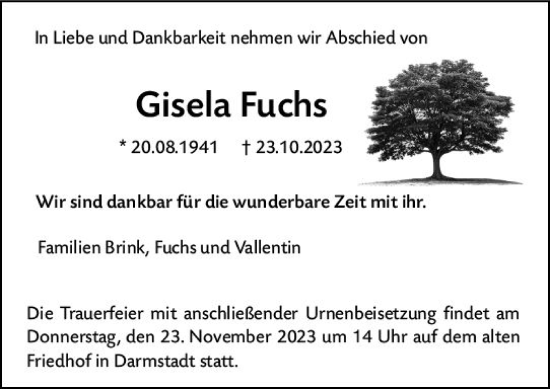 Traueranzeige von Gisela Fuchs von Darmstädter Echo