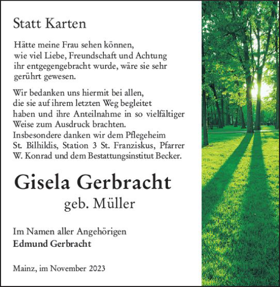 Traueranzeige von Gisela Gerbracht von Allgemeine Zeitung Mainz