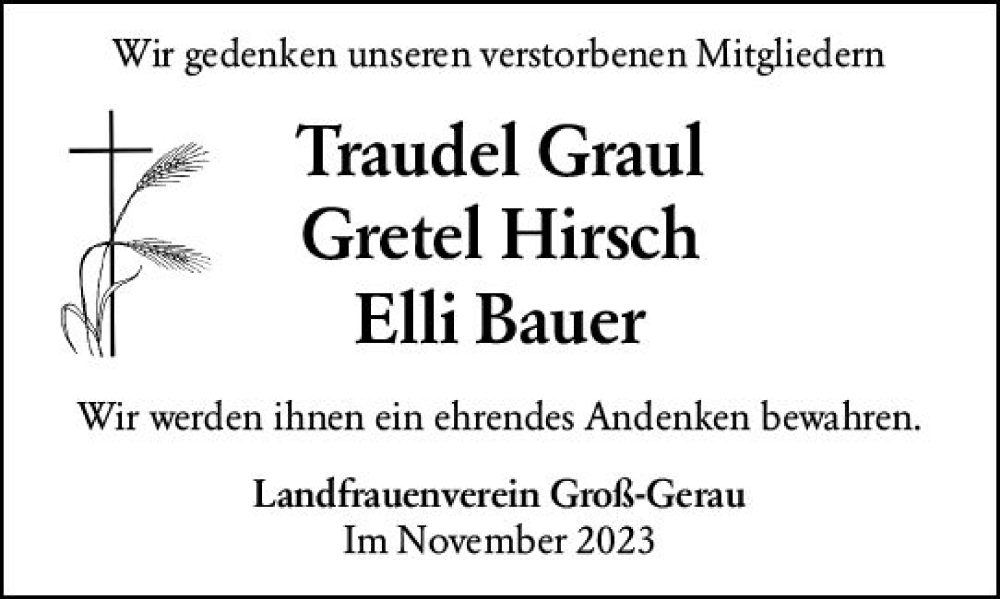  Traueranzeige für Gretel Hirsch vom 25.11.2023 aus Groß-Gerauer Echo