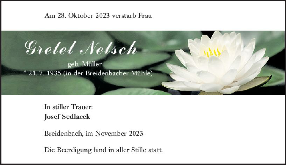  Traueranzeige für Gretel Netsch vom 18.11.2023 aus Hinterländer Anzeiger