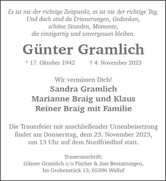 Traueranzeige von Günter Gramlich von Wiesbadener Kurier