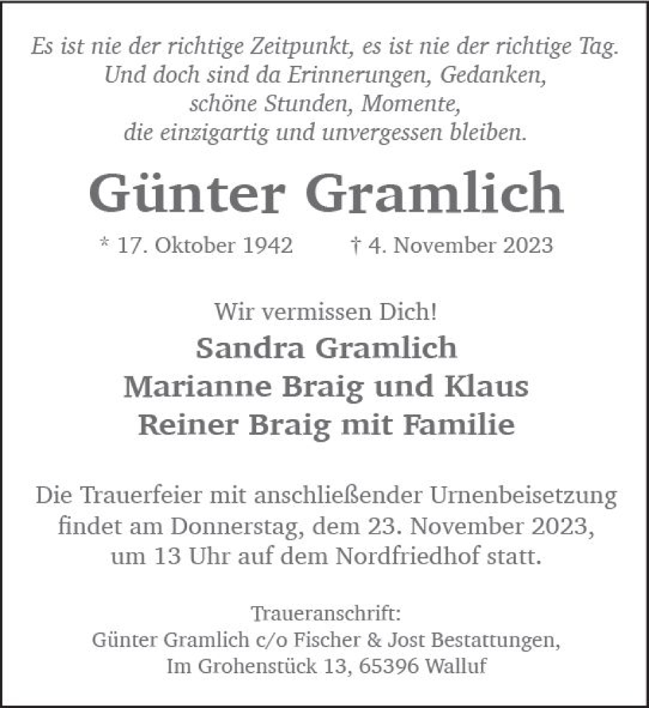  Traueranzeige für Günter Gramlich vom 11.11.2023 aus Wiesbadener Kurier