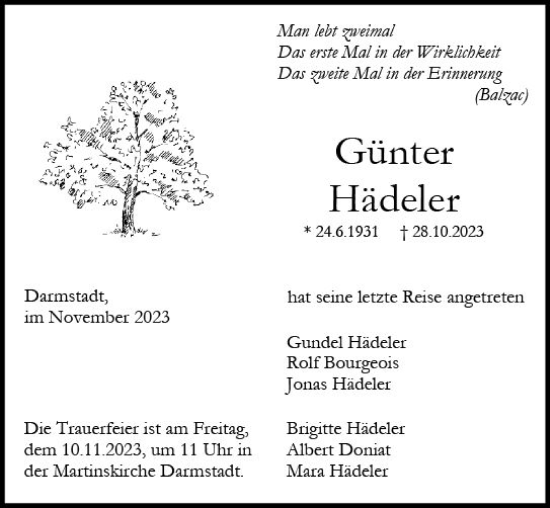 Traueranzeige von Günter Hädeler von Darmstädter Echo