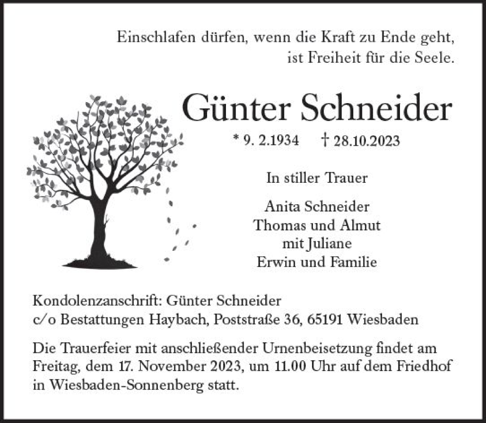  Traueranzeige für Günter Schneider vom 15.11.2023 aus Wiesbadener Kurier