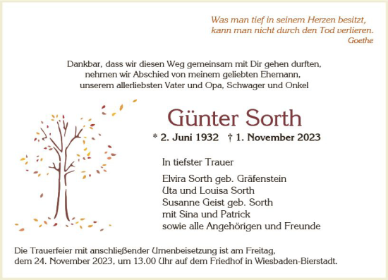 Traueranzeige von Günter Sorth von Wiesbadener Kurier