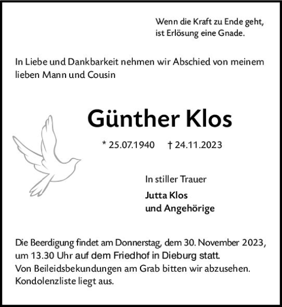 Traueranzeige von Günther Klos von Dieburger Anzeiger/Groß-Zimmerner Lokal-Anzeiger
