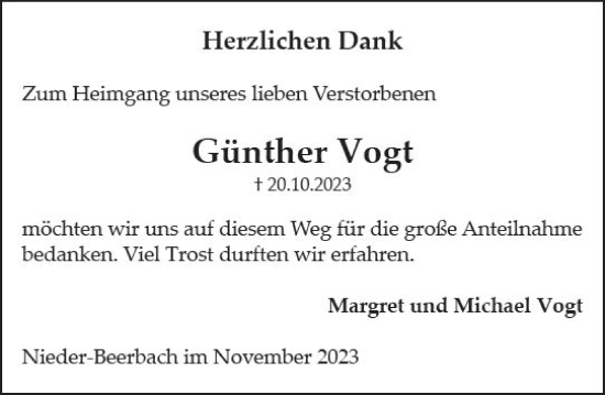 Traueranzeige von Günther Vogt von Darmstädter Echo