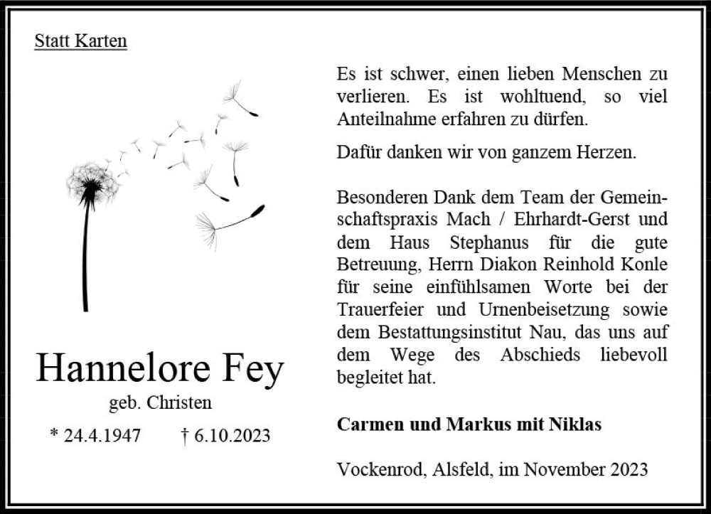  Traueranzeige für Hannelore Fey vom 25.11.2023 aus Oberhessen Kurier