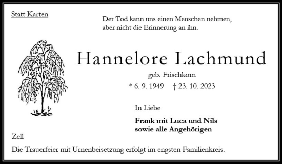Traueranzeige von Hannelore Lachmund von VRM Trauer