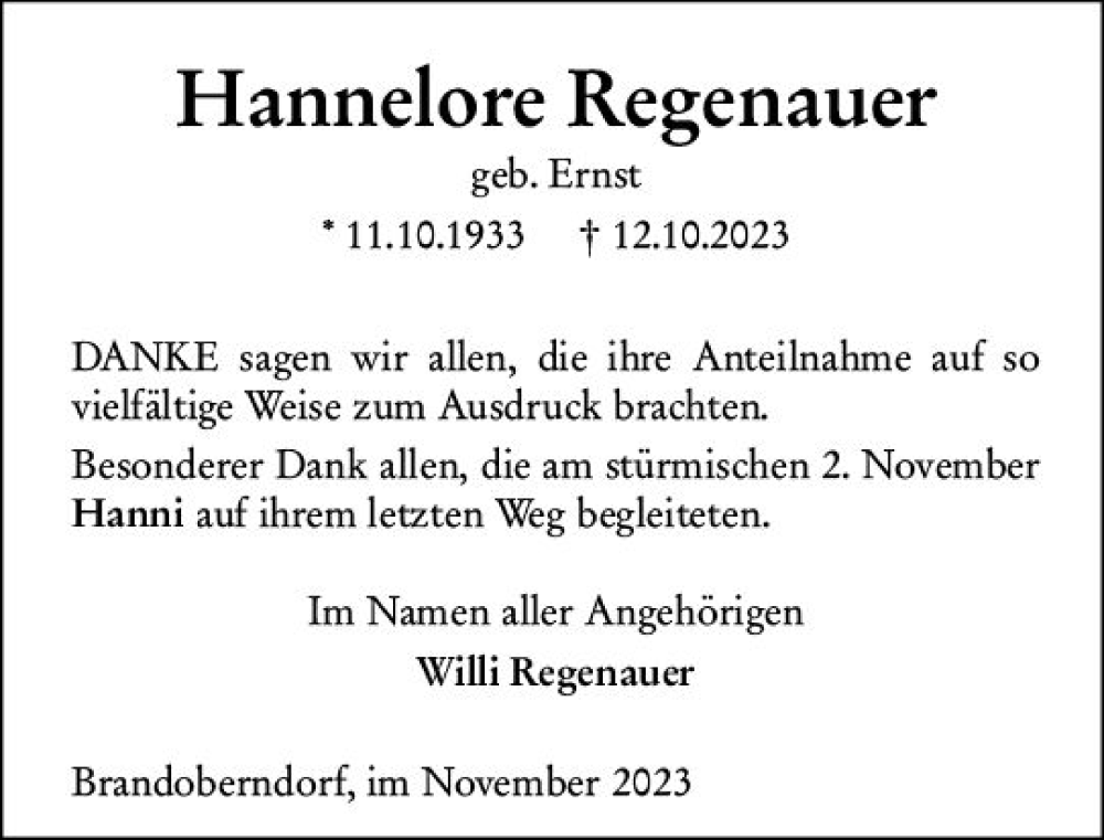  Traueranzeige für Hannelore Regenauer vom 11.11.2023 aus Wetzlarer Neue Zeitung
