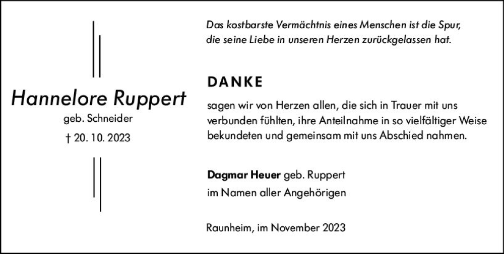  Traueranzeige für Hannelore Ruppert vom 18.11.2023 aus Rüsselsheimer Echo