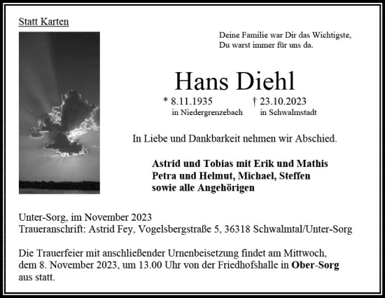 Traueranzeige von Hans Diehl von VRM Trauer