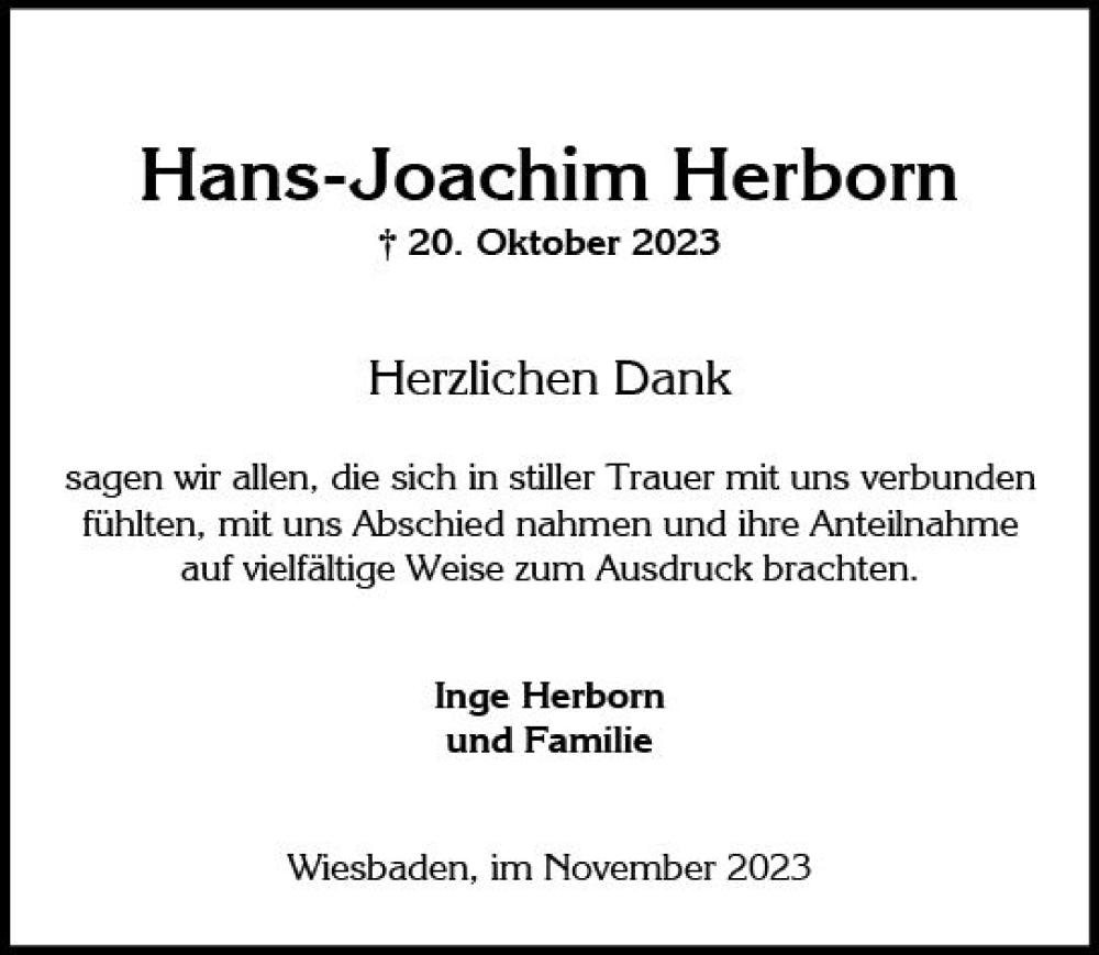  Traueranzeige für Hans-Joachim Herborn vom 04.11.2023 aus Wiesbadener Kurier