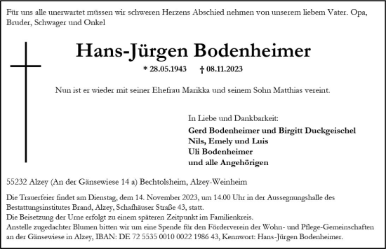 Traueranzeige von Hans-Jürgen Bodenheimer von Allgemeine Zeitung Alzey