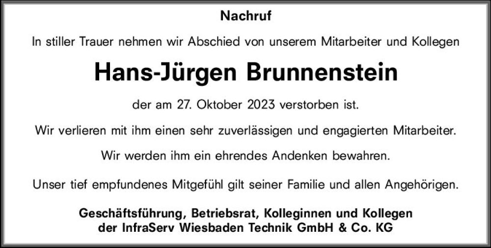  Traueranzeige für Hans-Jürgen Brunnenstein vom 11.11.2023 aus Wiesbadener Kurier