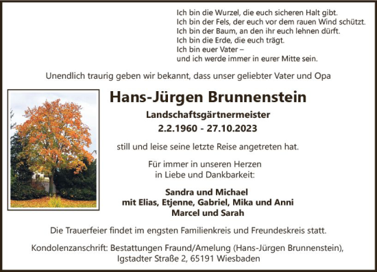 Traueranzeige von Hans-Jürgen Brunnenstein von Wiesbadener Kurier