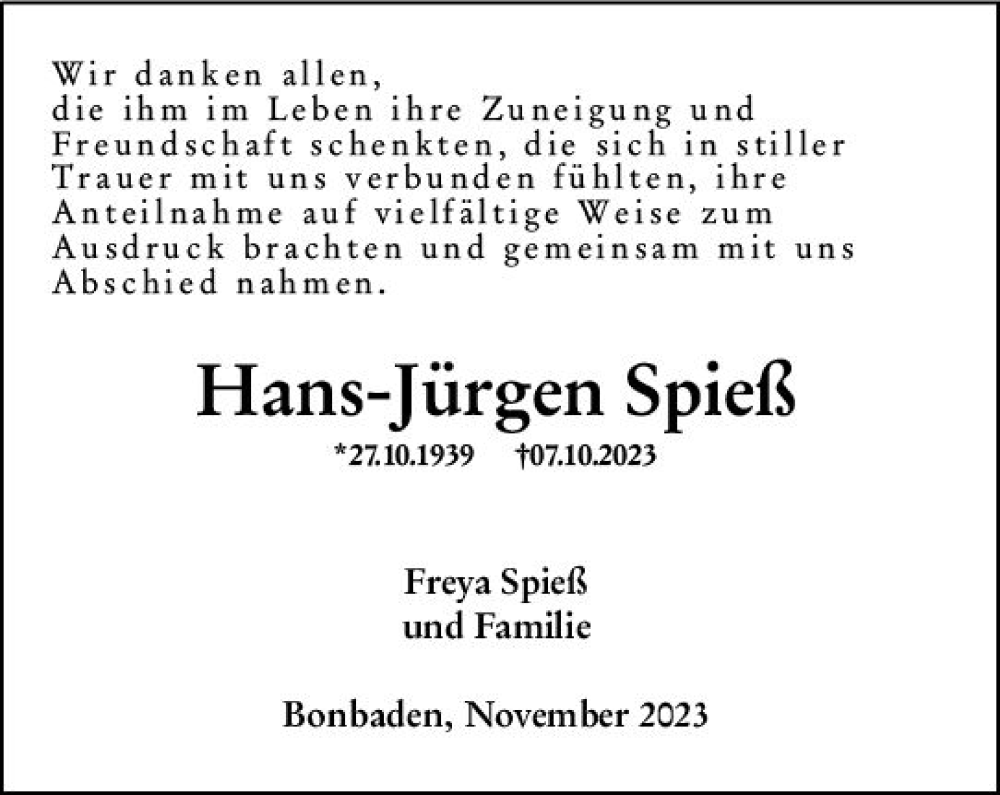  Traueranzeige für Hans-Jürgen Spieß vom 11.11.2023 aus Wetzlarer Neue Zeitung