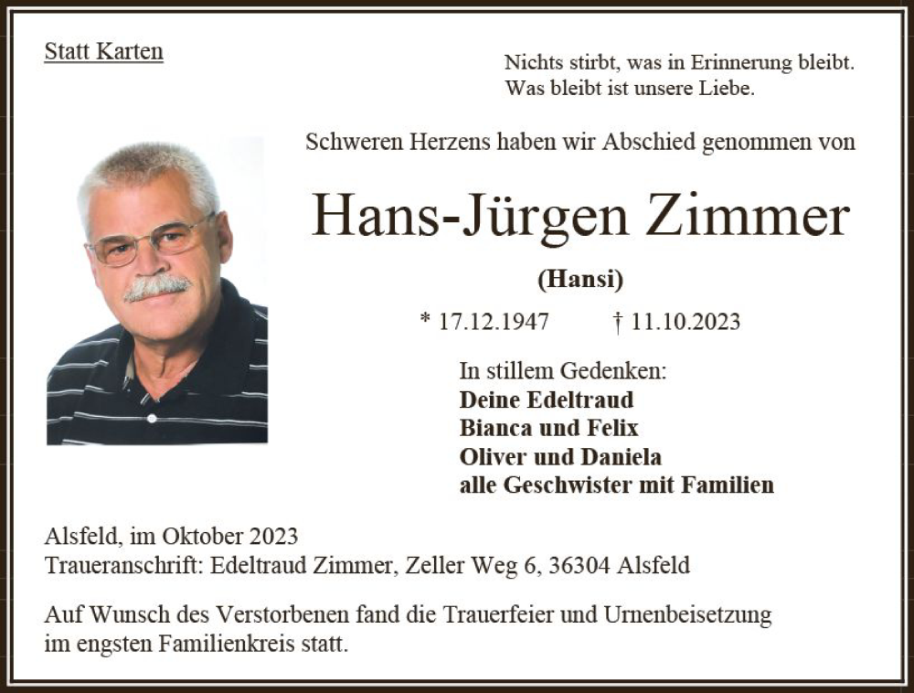  Traueranzeige für Hans-Jürgen Zimmer vom 04.11.2023 aus VRM Trauer