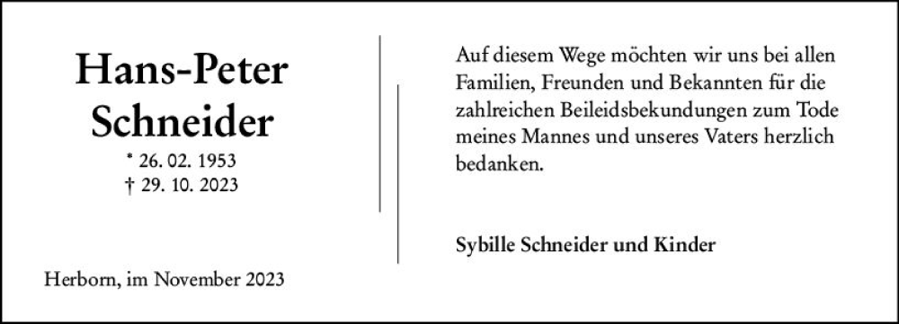  Traueranzeige für Hans-Peter Schneider vom 25.11.2023 aus Dill Block