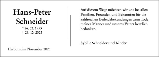 Traueranzeige von Hans-Peter Schneider von Dill Block