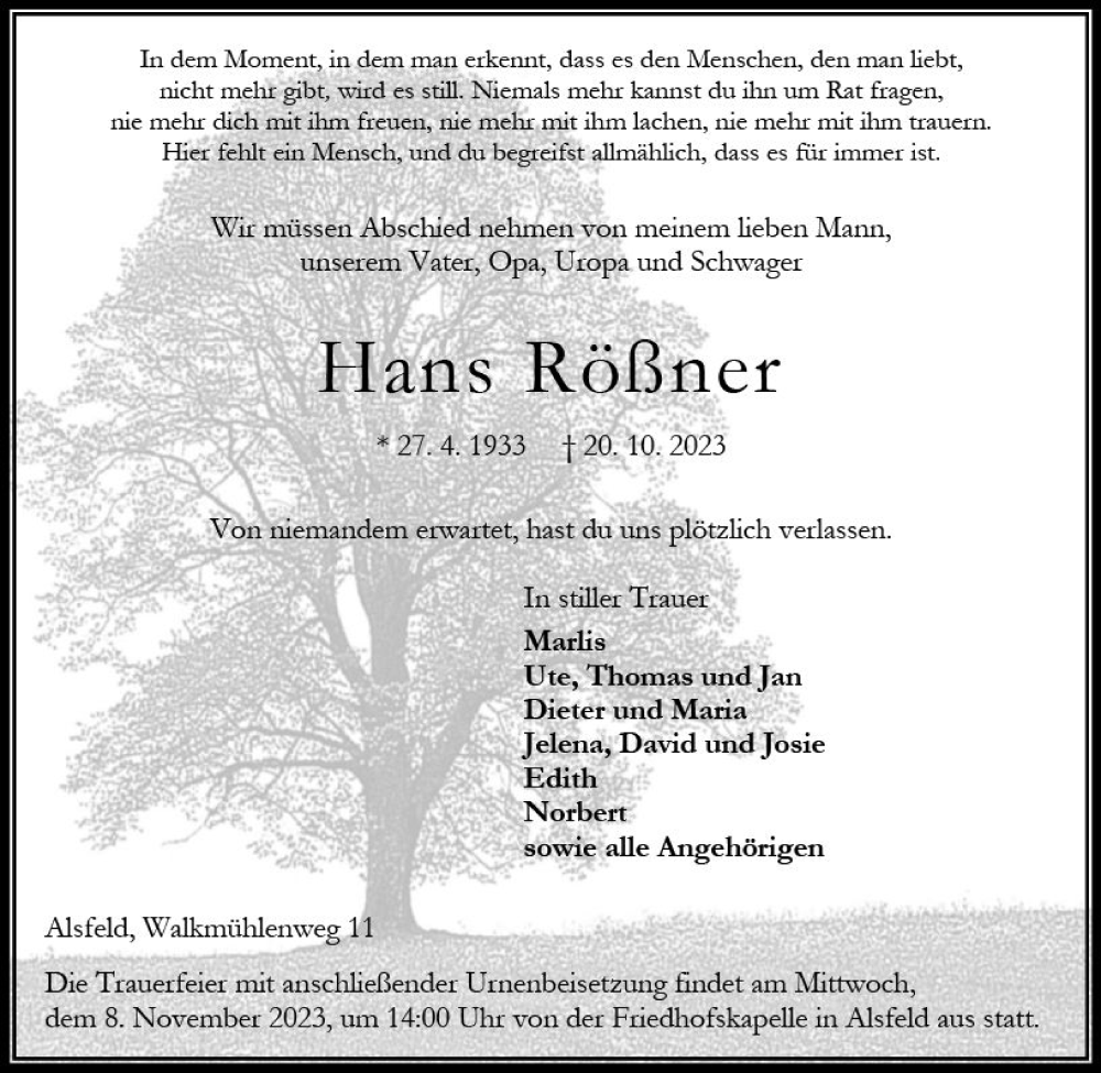  Traueranzeige für Hans Rößner vom 04.11.2023 aus Oberhessen Kurier