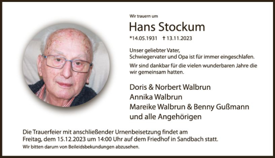 Traueranzeige von Hans Stockum von Odenwälder Echo