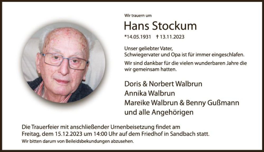  Traueranzeige für Hans Stockum vom 25.11.2023 aus Odenwälder Echo